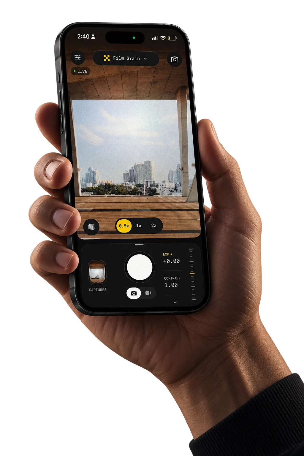 A hand holding an iPhone running OFFSET, its viewfinder cycling through live filters.